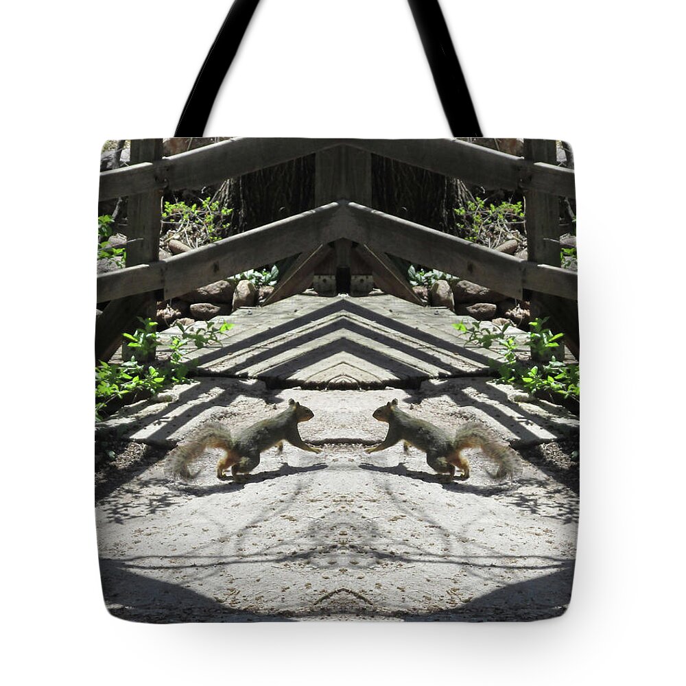 Squirrels Tote Bag featuring the digital art Squirrels Dancing on a Bridge by Julia L Wright