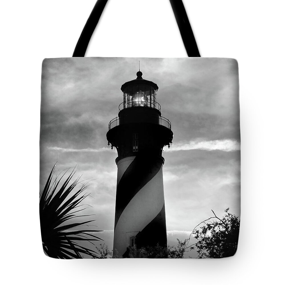 St. Augustine Light Station Tote Bag featuring the photograph St. Augustine Light B W by David T Wilkinson
