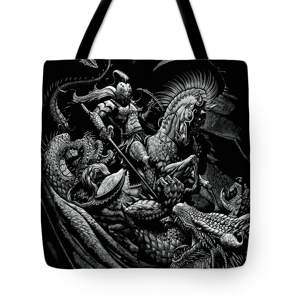 St. George Tote Bag featuring the drawing St. George and the Dragon by Stanley Morrison