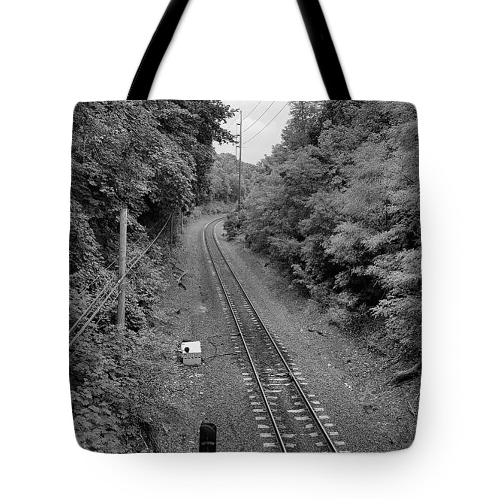 Train Tracks Tote Bag featuring the photograph St James Train Tracks B W by Rob Hans