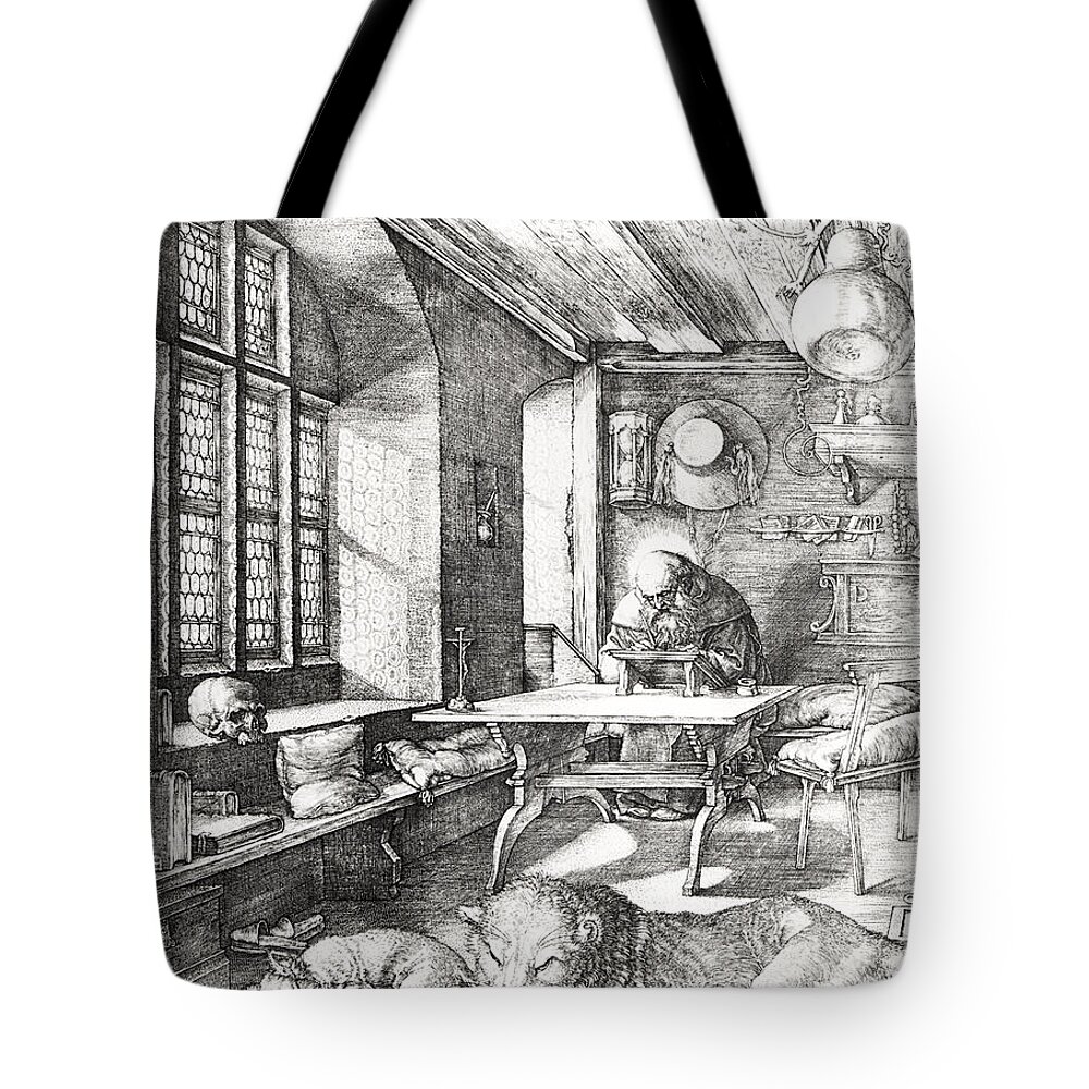 Jerome Tote Bag featuring the drawing St Jerome In His Study by Albrecht Durer