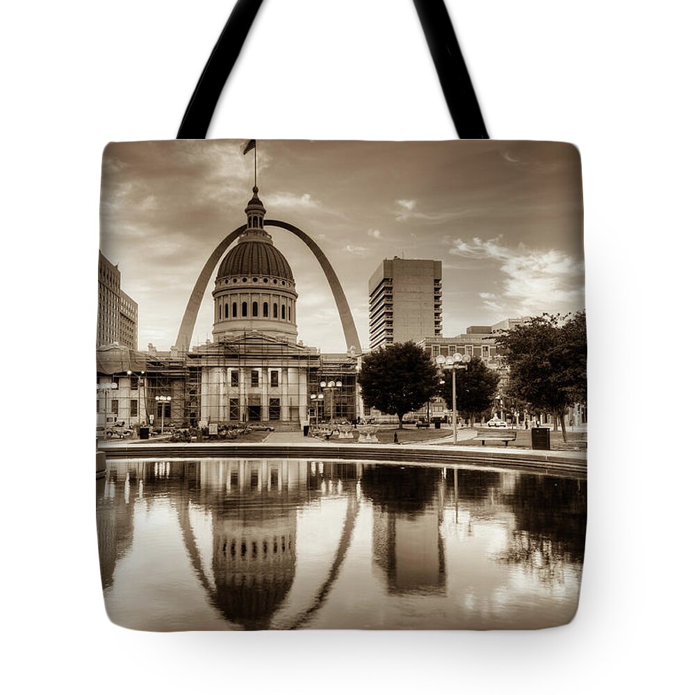 America Tote Bag featuring the photograph St. Louis Skyline Morning Reflections - Sepia Edition by Gregory Ballos