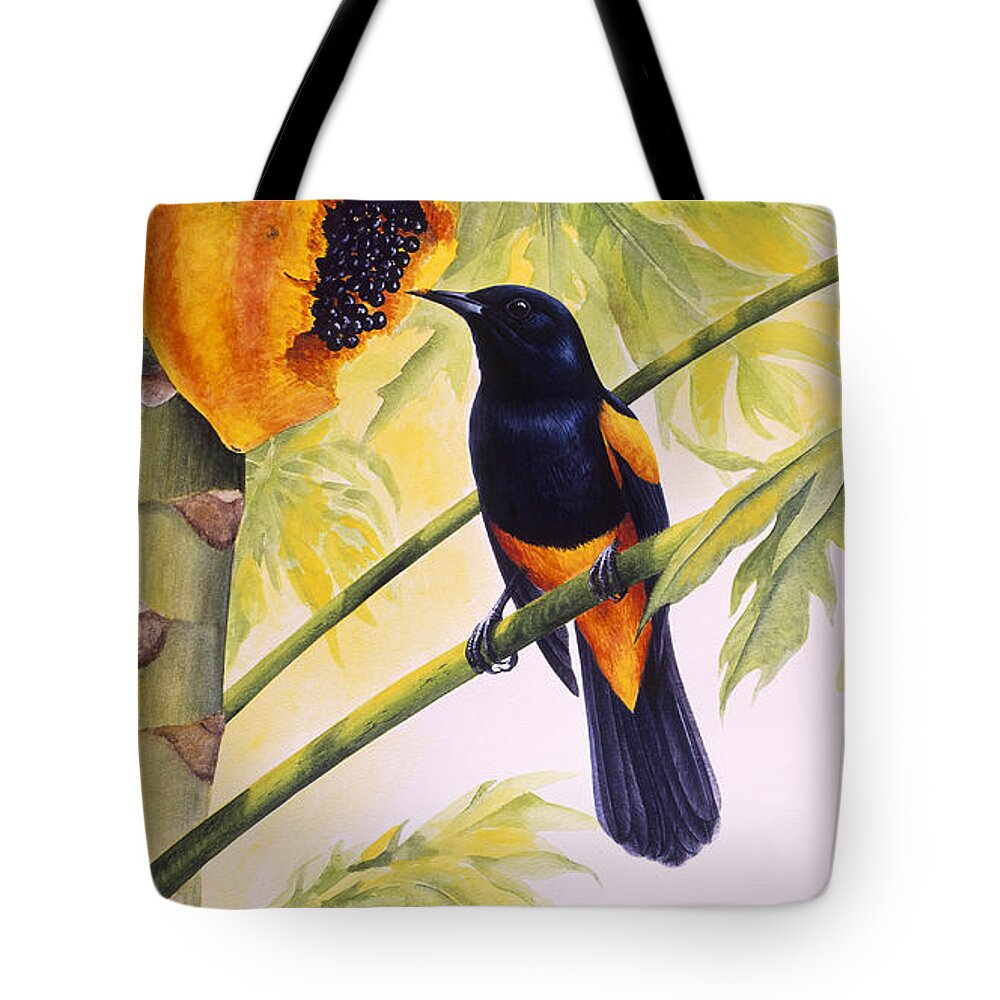 Chris Cox Tote Bag featuring the painting St. Lucia Oriole and papaya by Christopher Cox