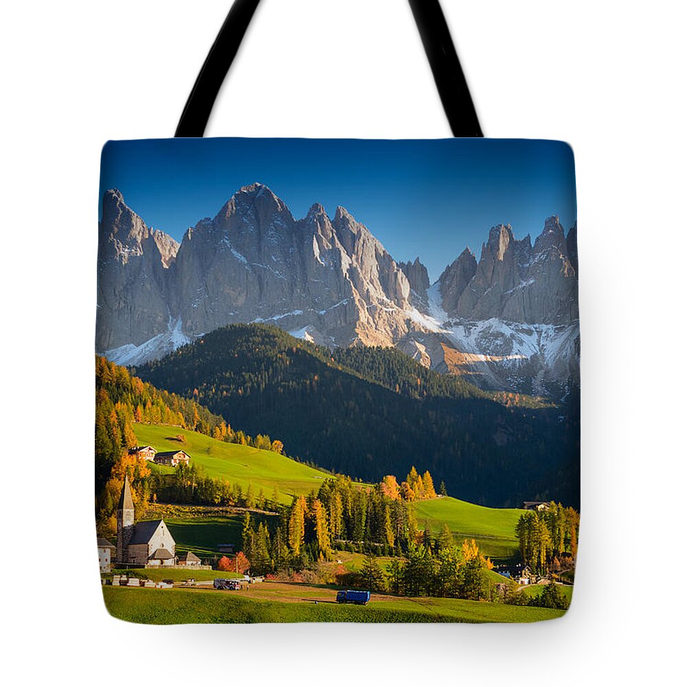 St. Magdalena Tote Bag featuring the photograph St. Magdalena alpine village in autumn by IPics Photography