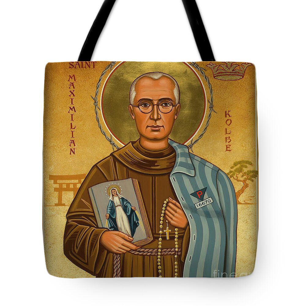 St. Maximilian Kolbe Tote Bag featuring the painting St. Maximilian Kolbe - JCKOL by Joan Cole