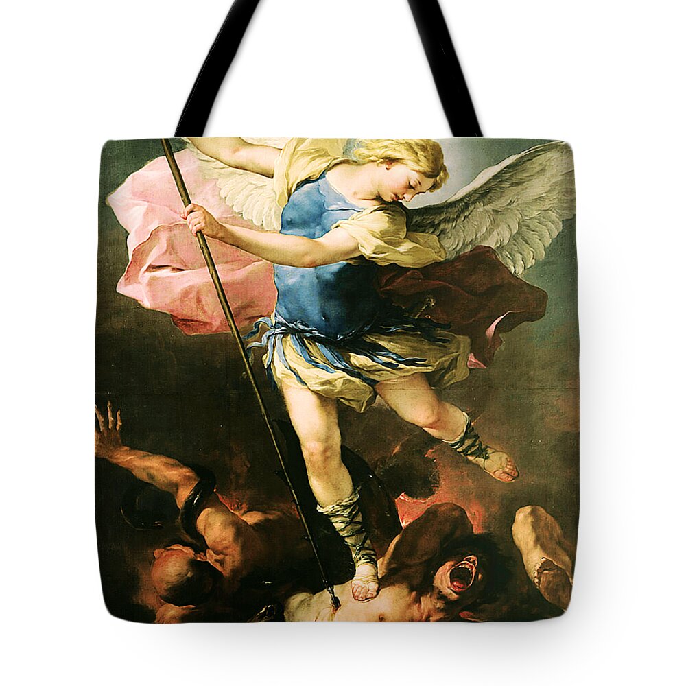 St Michael Tote Bag featuring the mixed media St Michael the Archangel Saint 104 by Luca Giordano