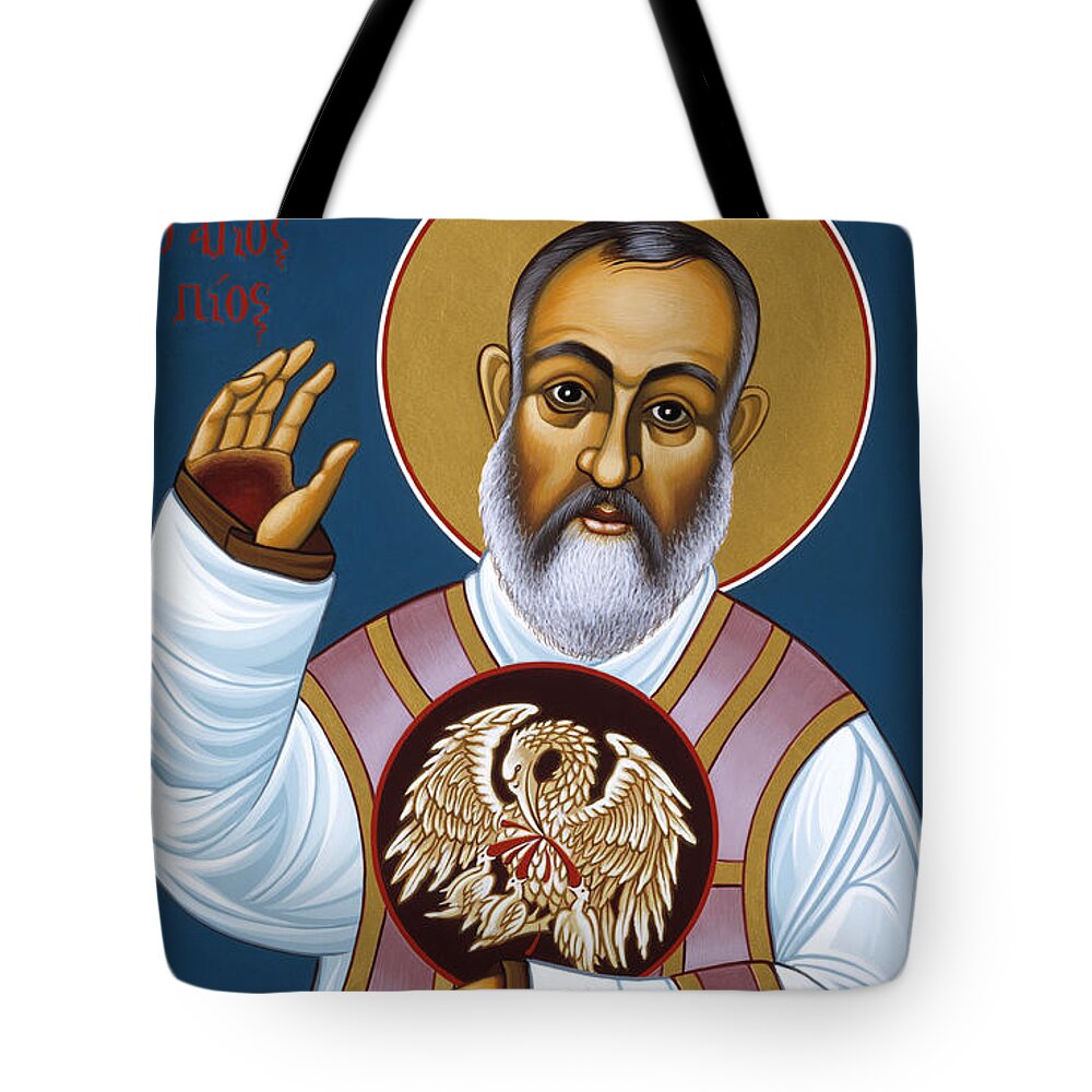 St Padre Pio Mother Pelican Tote Bag featuring the painting St Padre Pio Mother Pelican 047 by William Hart McNichols