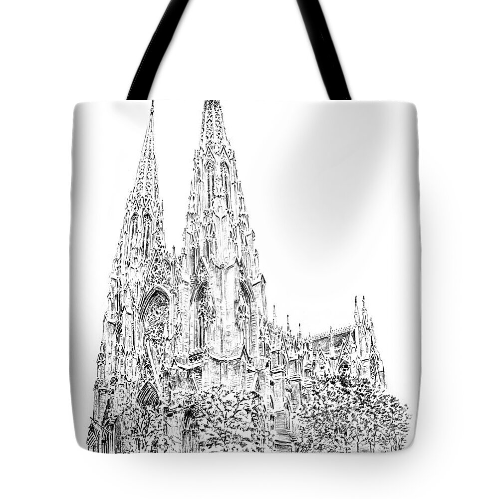 Cathedral Tote Bag featuring the drawing St Patricks Cathedral by Anthony Butera