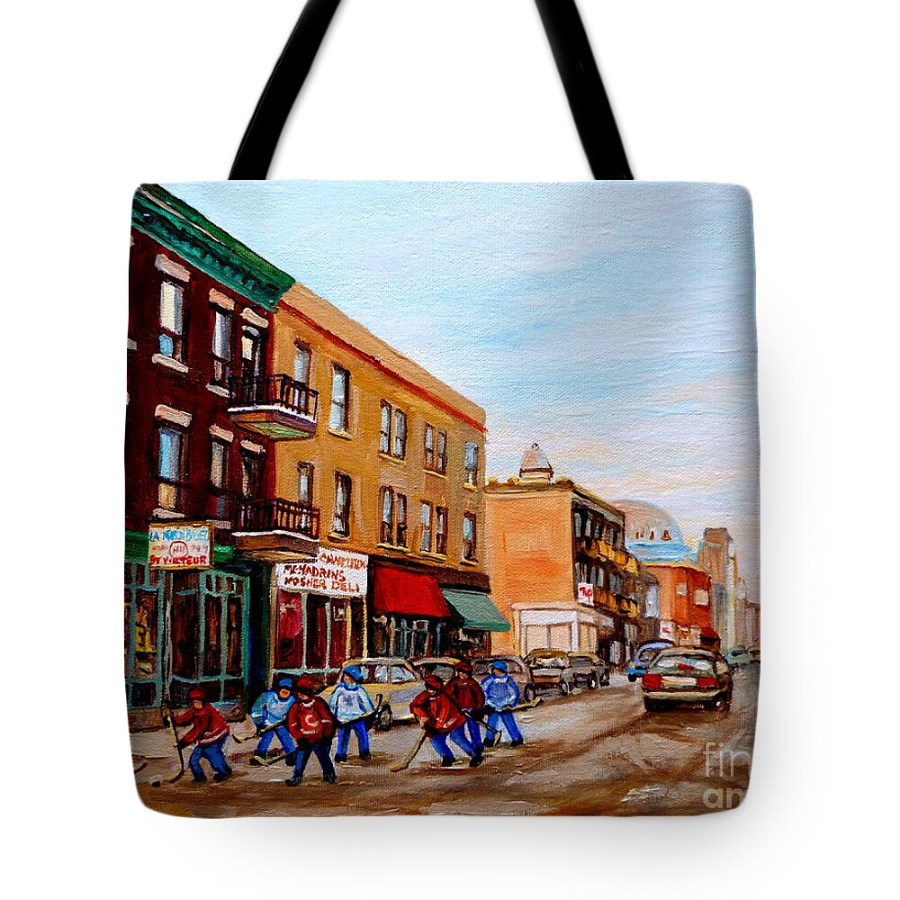 Montreal Tote Bag featuring the painting St. Viateur Bagel Hockey Game by Carole Spandau