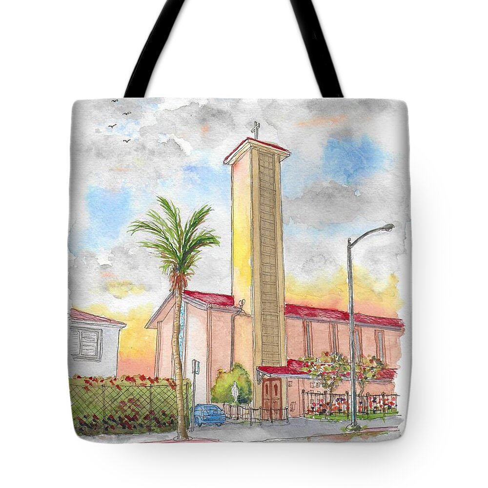 St. Victor's Catholic Church Tote Bag featuring the painting St. Victor's Catholic Church, West Hollywood, CA by Carlos G Groppa