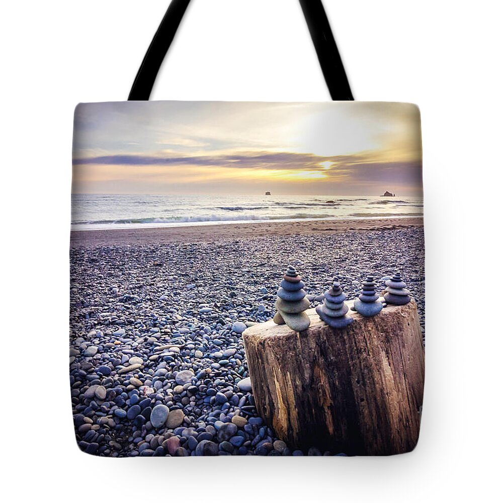 Rocks Tote Bag featuring the photograph Stacked Rocks at Sunset by Joan McCool