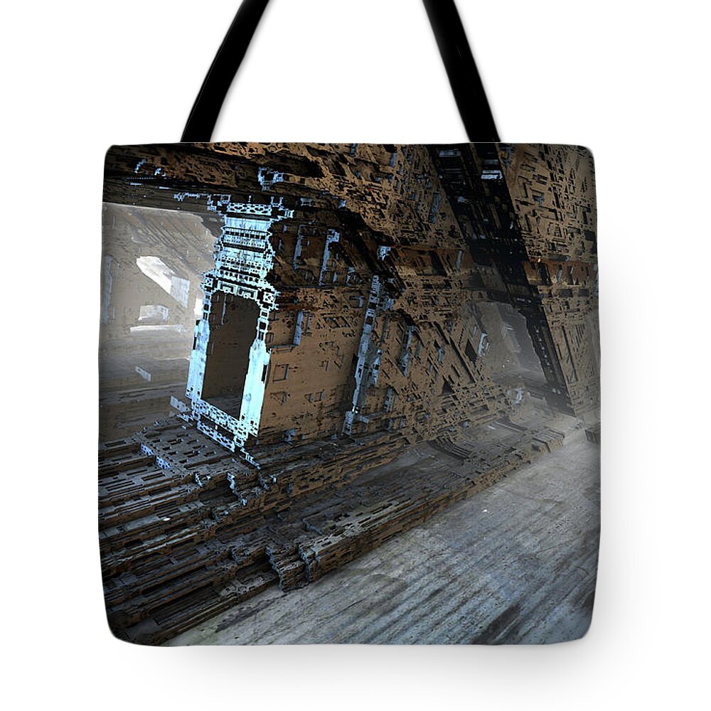 Sciencefiction Scifi Grunge Dystopian Architecture Building Fractal Fractalart Mandelbulb3d Mandelbulb Tote Bag featuring the digital art Stairwell to Basement by Hal Tenny