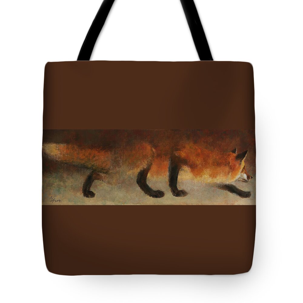 Fox Tote Bag featuring the painting Stalking Fox by Attila Meszlenyi
