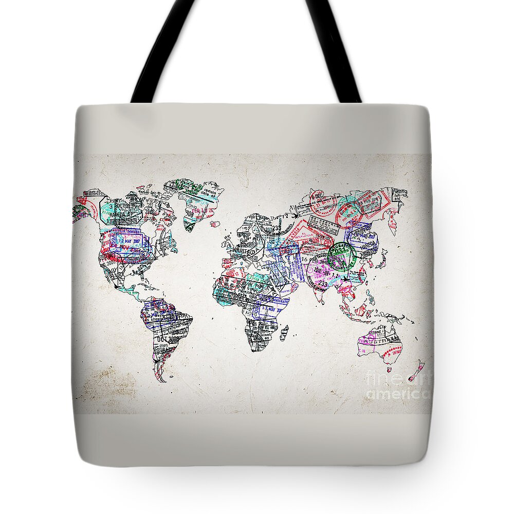World Tote Bag featuring the photograph Stamp art world map by Delphimages Map Creations
