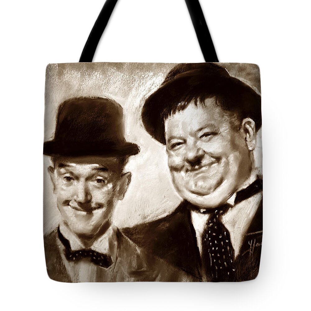 Stan Laurel Tote Bag featuring the drawing Stan Laurel Oliver Hardy by Ylli Haruni