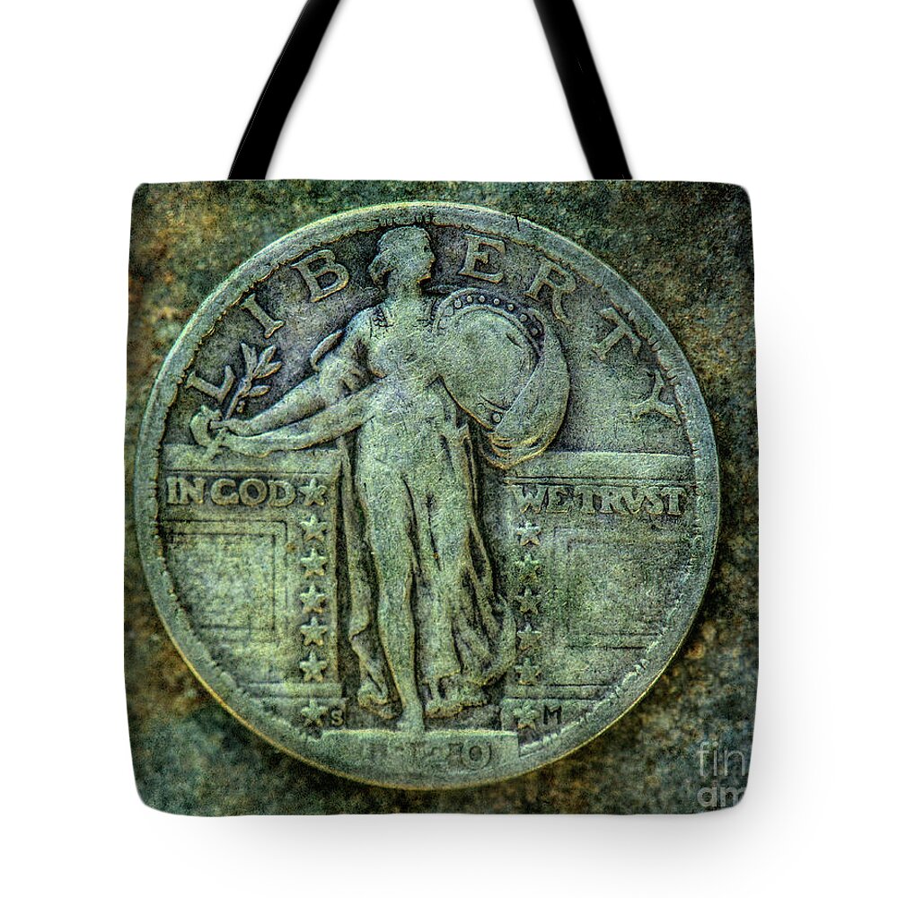 Old Silver Coin Tote Bag featuring the digital art Standing Libery Quarter Obverse by Randy Steele