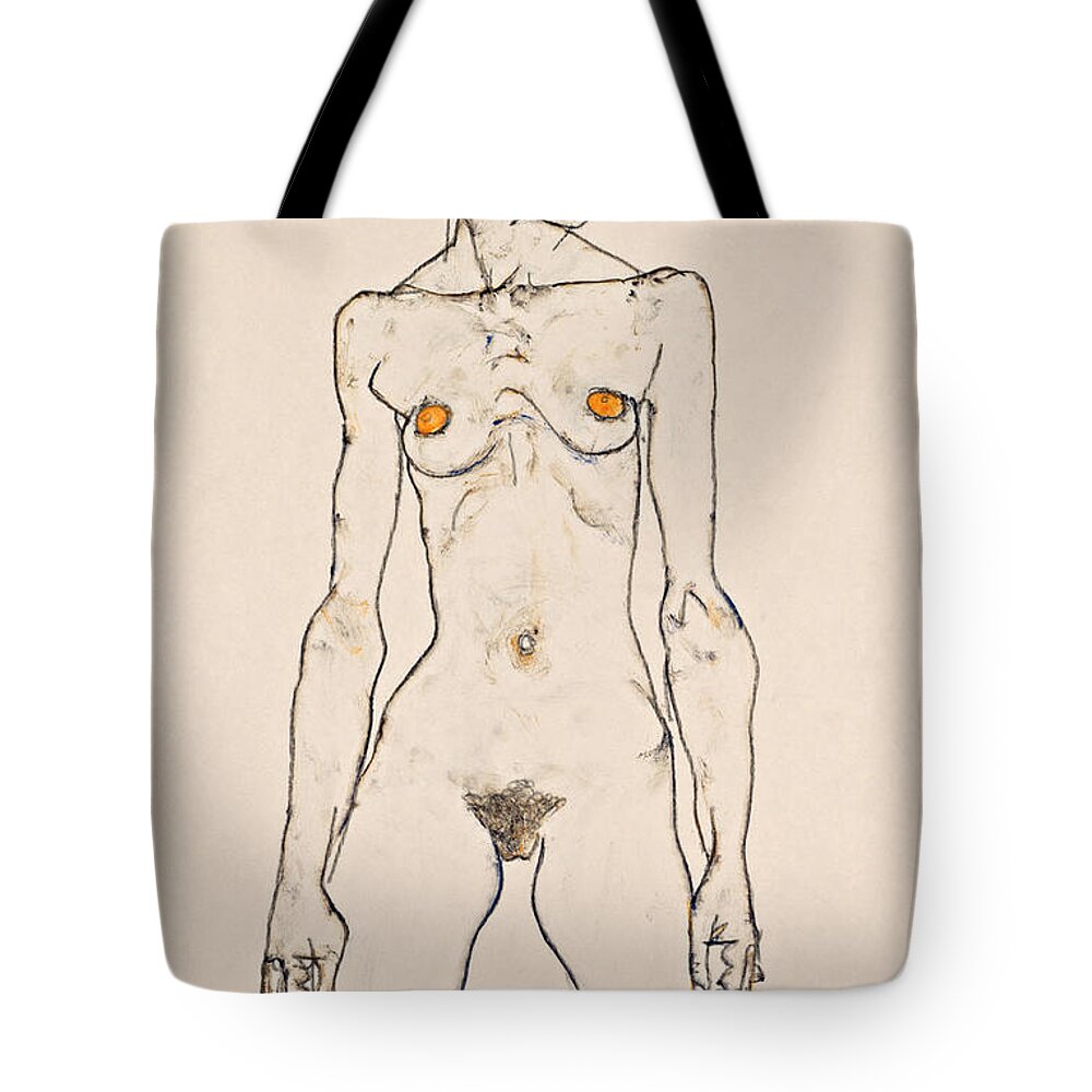 Schiele Tote Bag featuring the painting Standing Young Female Nude with Orange Colored Stockings by Egon Schiele
