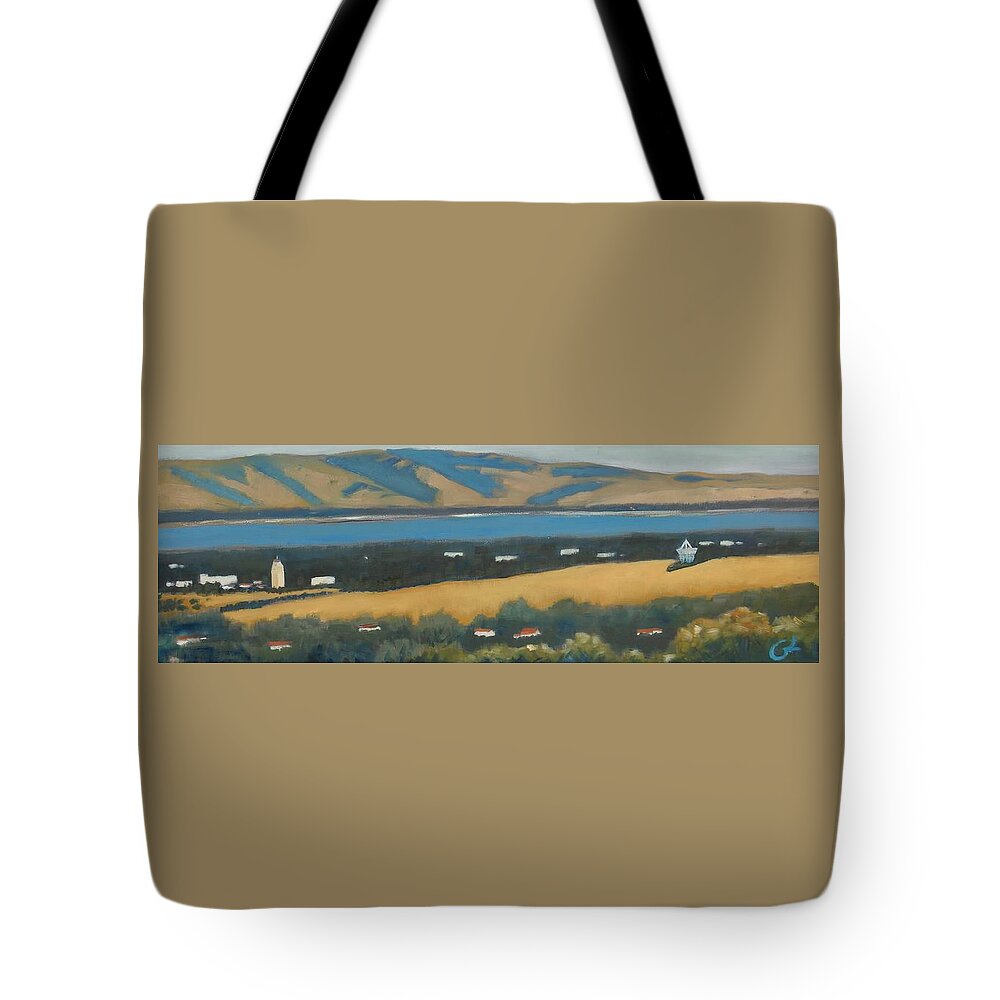 Stanford University Tote Bag featuring the painting Stanford by the Bay by Gary Coleman