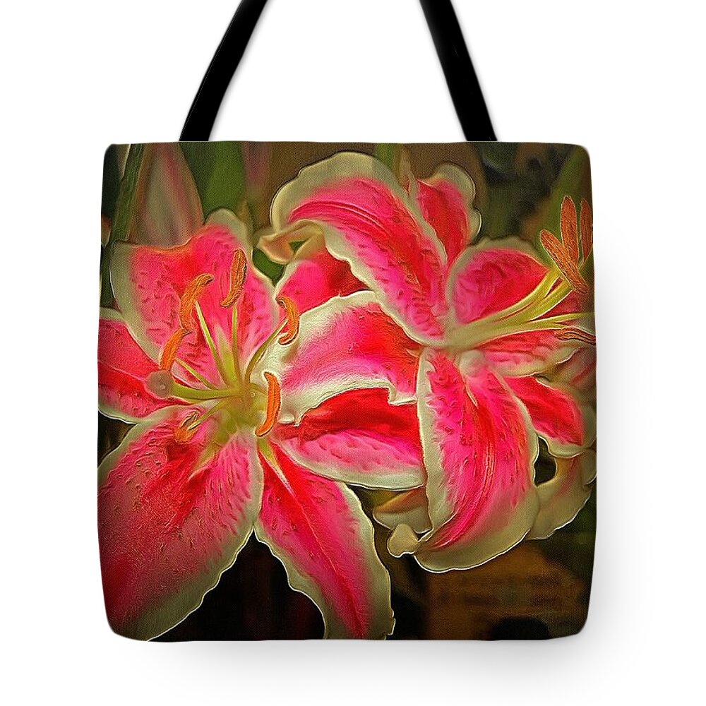 Flowers Tote Bag featuring the digital art Star Gazer Lilies by Charmaine Zoe