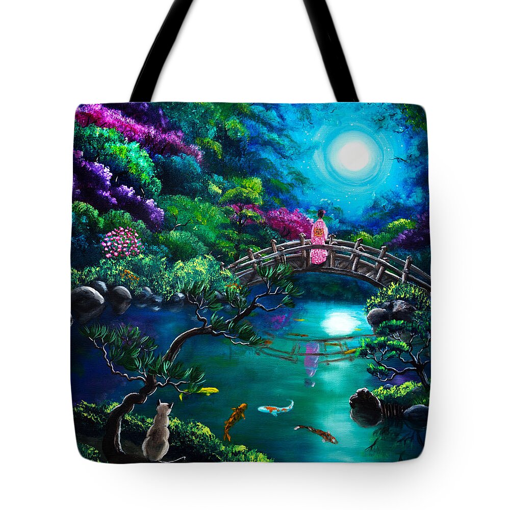 Japanese Tote Bag featuring the painting Star Gazing on Moon Bridge by Laura Iverson