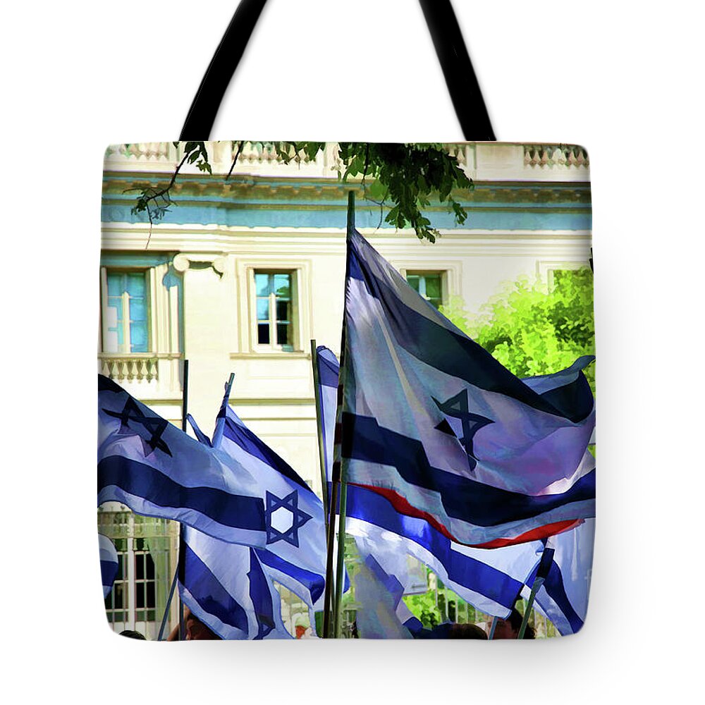 Jewish Tote Bag featuring the photograph Star of David Flags Israel Day in Central Park by Chuck Kuhn
