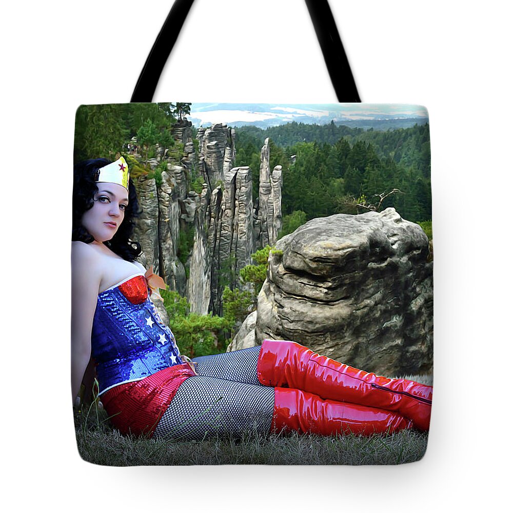 Wonder Woman Tote Bag featuring the photograph Star Spangled Wonder Girl by Jon Volden