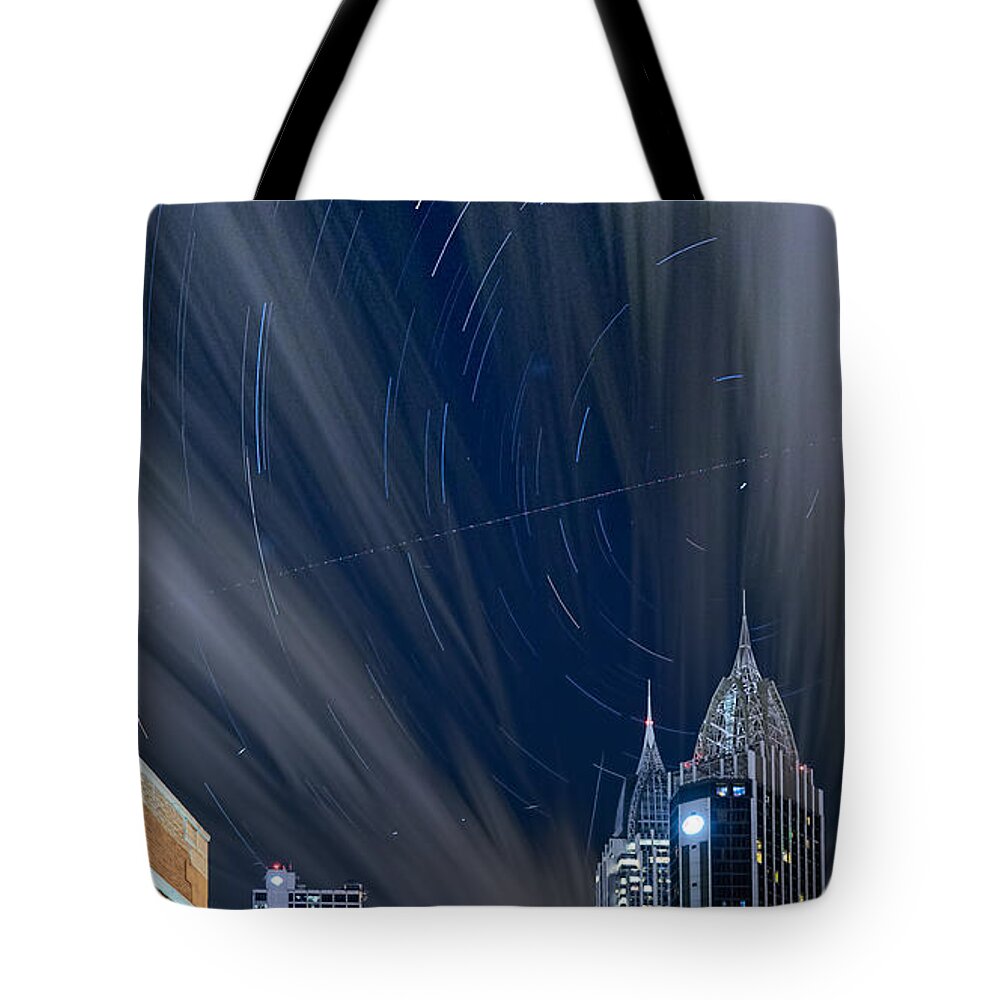 City Tote Bag featuring the photograph Star Trails and City Lights by Brad Boland