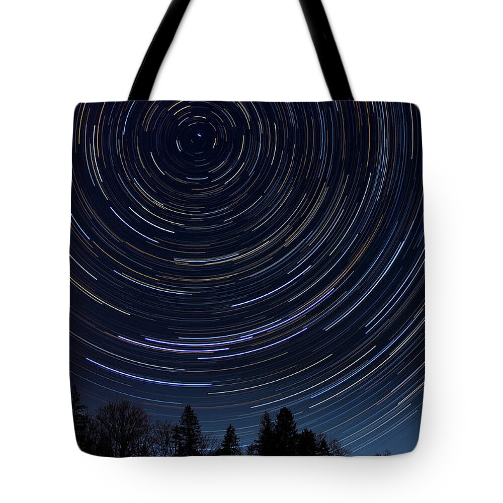 Astronomy Tote Bag featuring the photograph Star Trails Over Barn by Larry Landolfi
