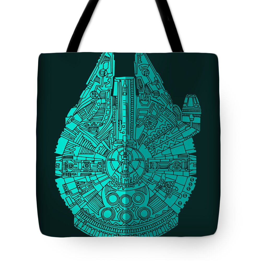 Millennium Tote Bag featuring the mixed media Star Wars Art - Millennium Falcon - Blue 02 by Studio Grafiikka