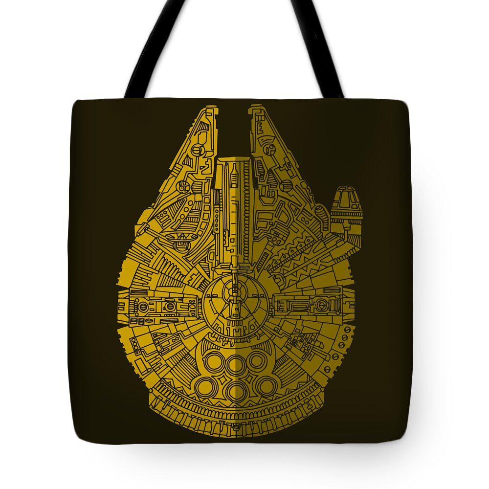 Millennium Tote Bag featuring the mixed media Star Wars Art - Millennium Falcon - Brown by Studio Grafiikka