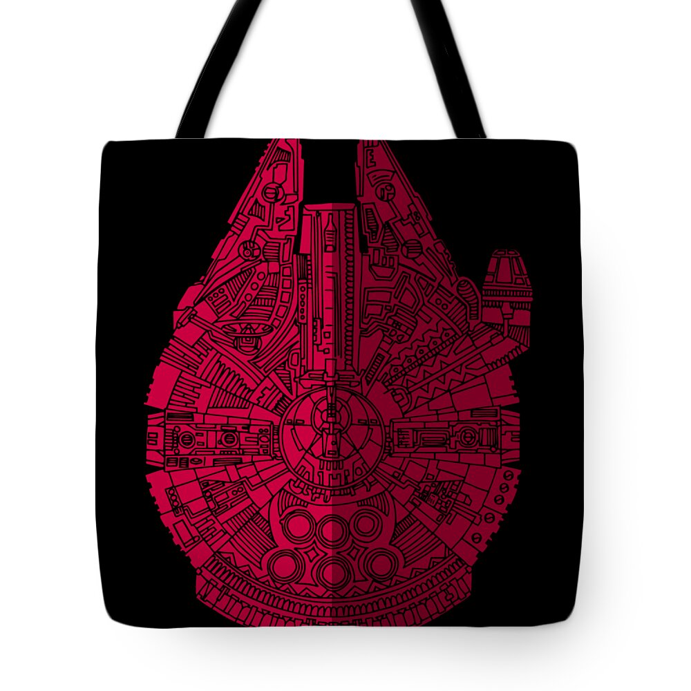 Millennium Tote Bag featuring the mixed media Star Wars Art - Millennium Falcon - Red, Black by Studio Grafiikka