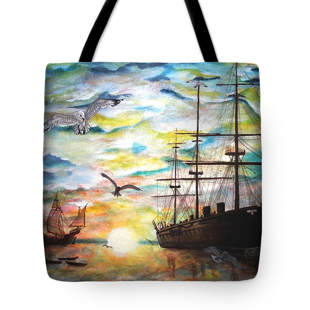 Ships Tote Bag featuring the painting Starboard Flight by Vallee Johnson