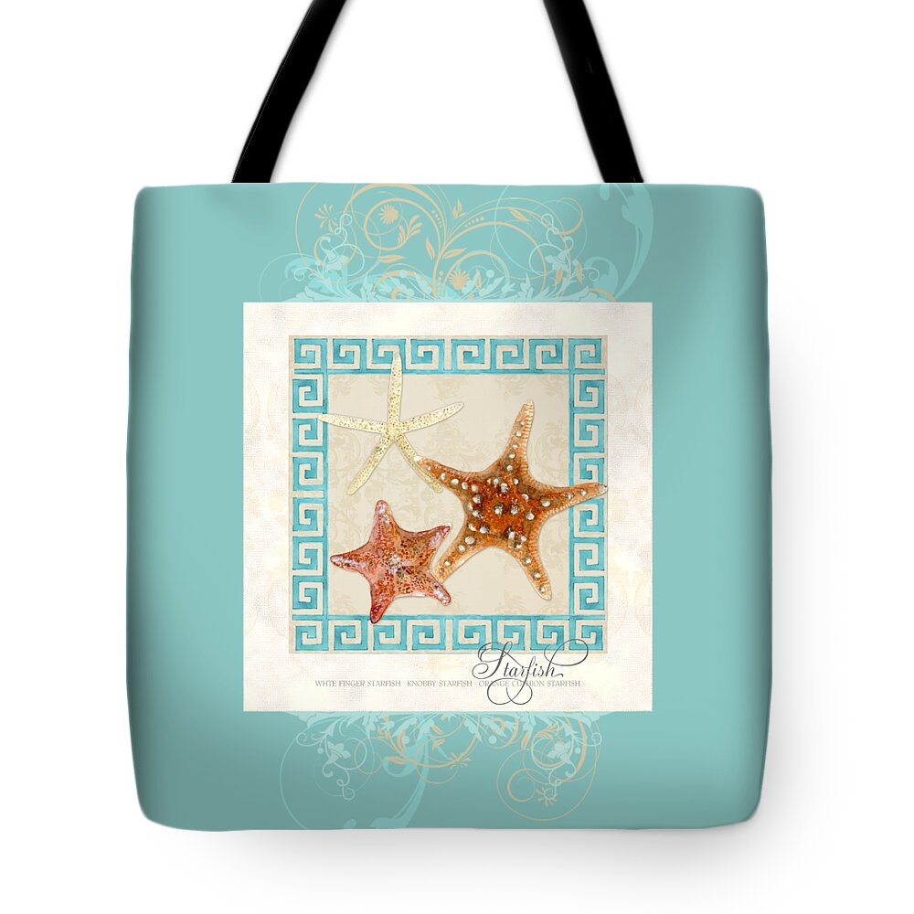 White Finger Starfish Tote Bag featuring the painting Starfish Greek Key Pattern w Swirls by Audrey Jeanne Roberts