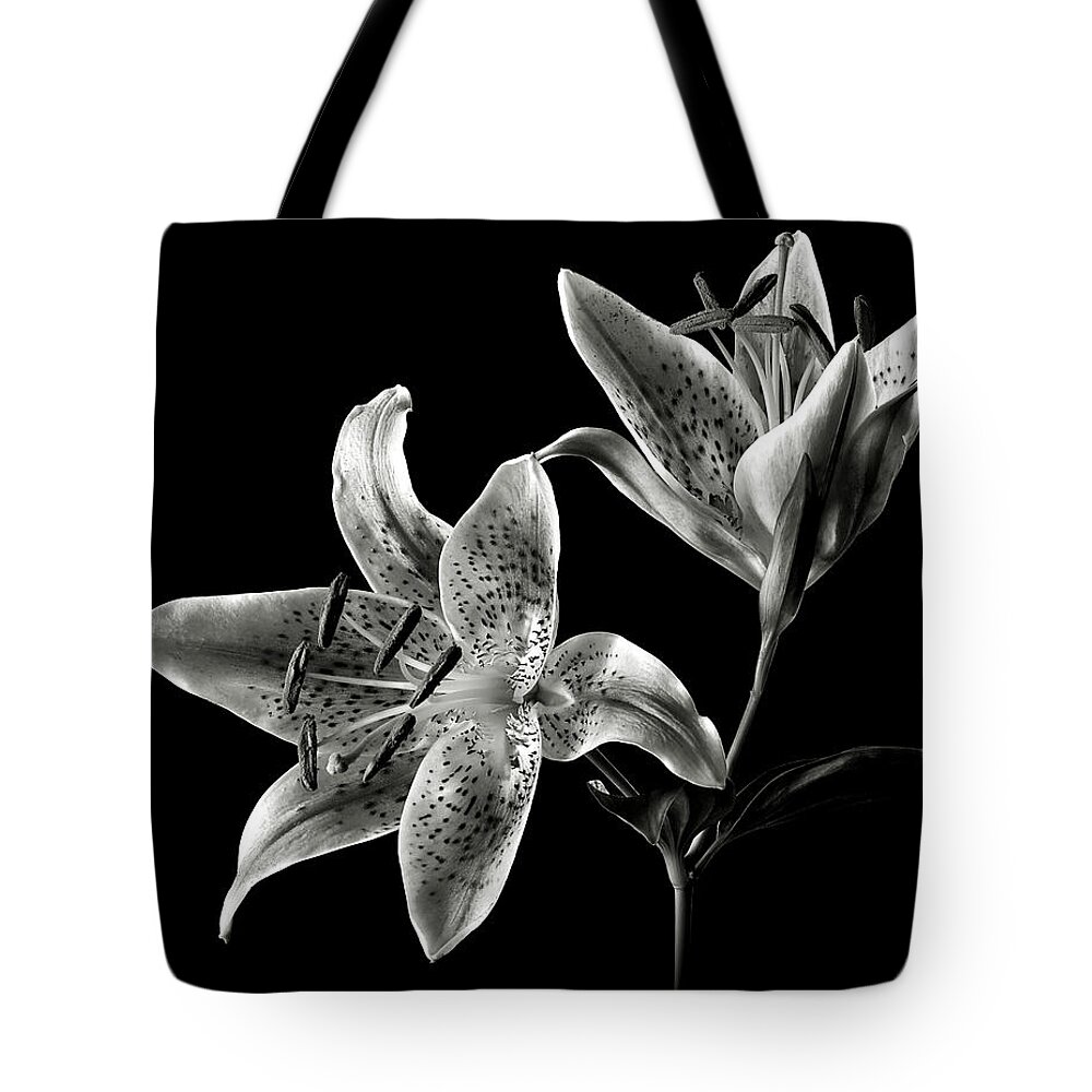 Flower Tote Bag featuring the photograph Stargazer Lily in Black and White by Endre Balogh