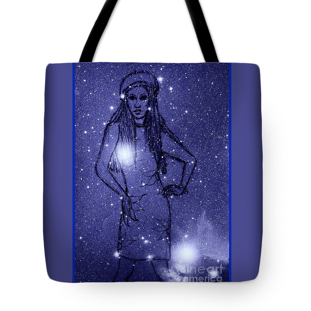 Space And Time Tote Bag featuring the mixed media Starlight of Space and Time 2 by Joan-Violet Stretch