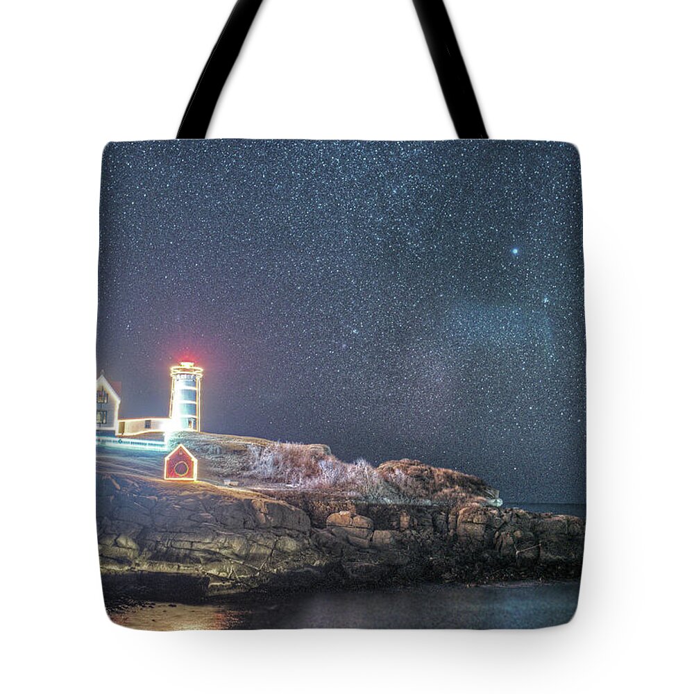 Nubble Tote Bag featuring the photograph Starry Sky of the Nubble Light in York ME Cape Neddick by Toby McGuire