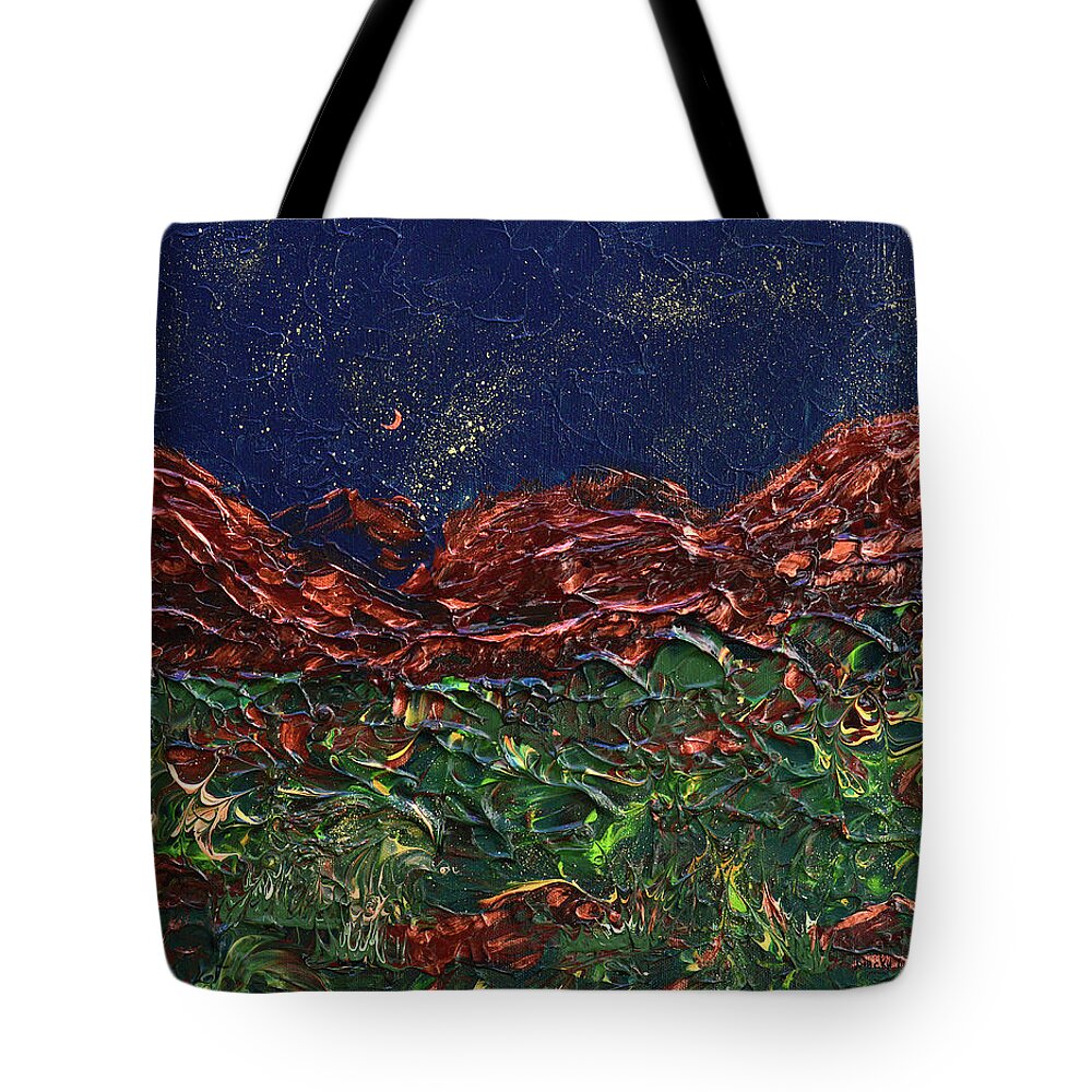 Night Sky Tote Bag featuring the painting Stars Falling On Copper Moon by Donna Blackhall