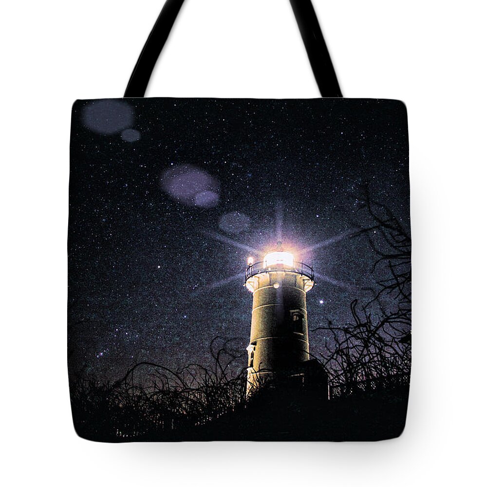 #jefffolger Tote Bag featuring the photograph Stars over Nobska lighthouse by Jeff Folger