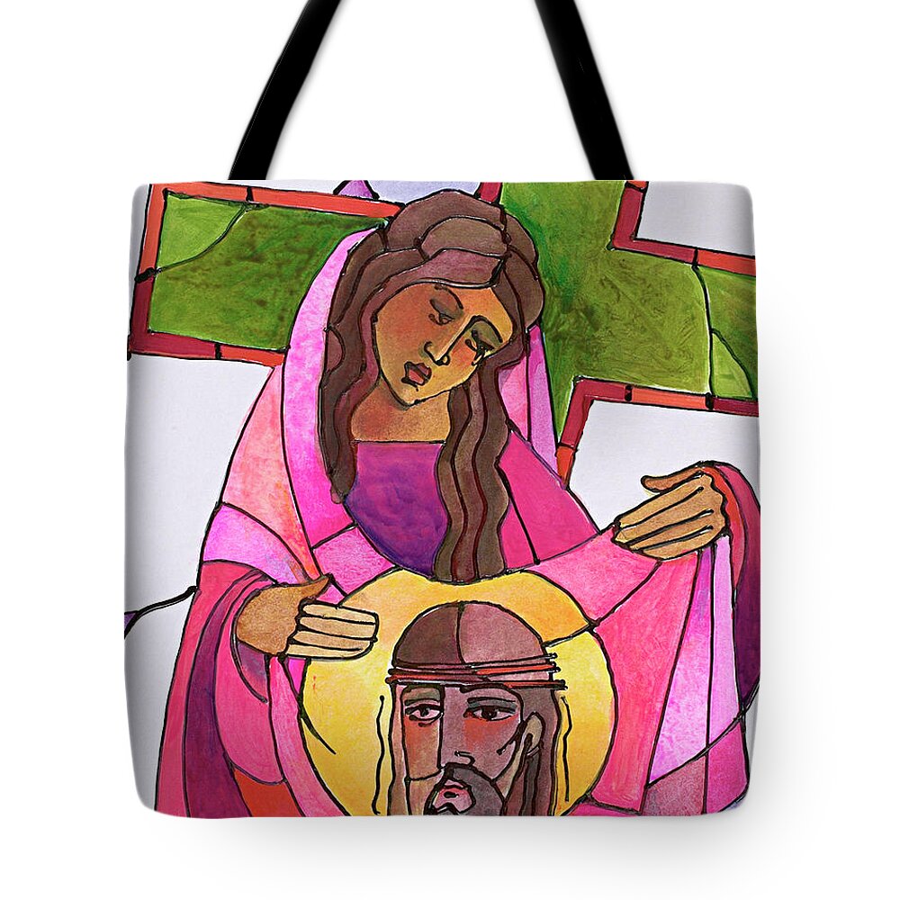 Stations Of The Cross - 06 St. Veronica Wipes The Face Of Jesus Tote Bag featuring the painting Stations of the Cross - 06 St. Veronica Wipes the Face of Jesus - MMVEW by Br Mickey McGrath OSFS
