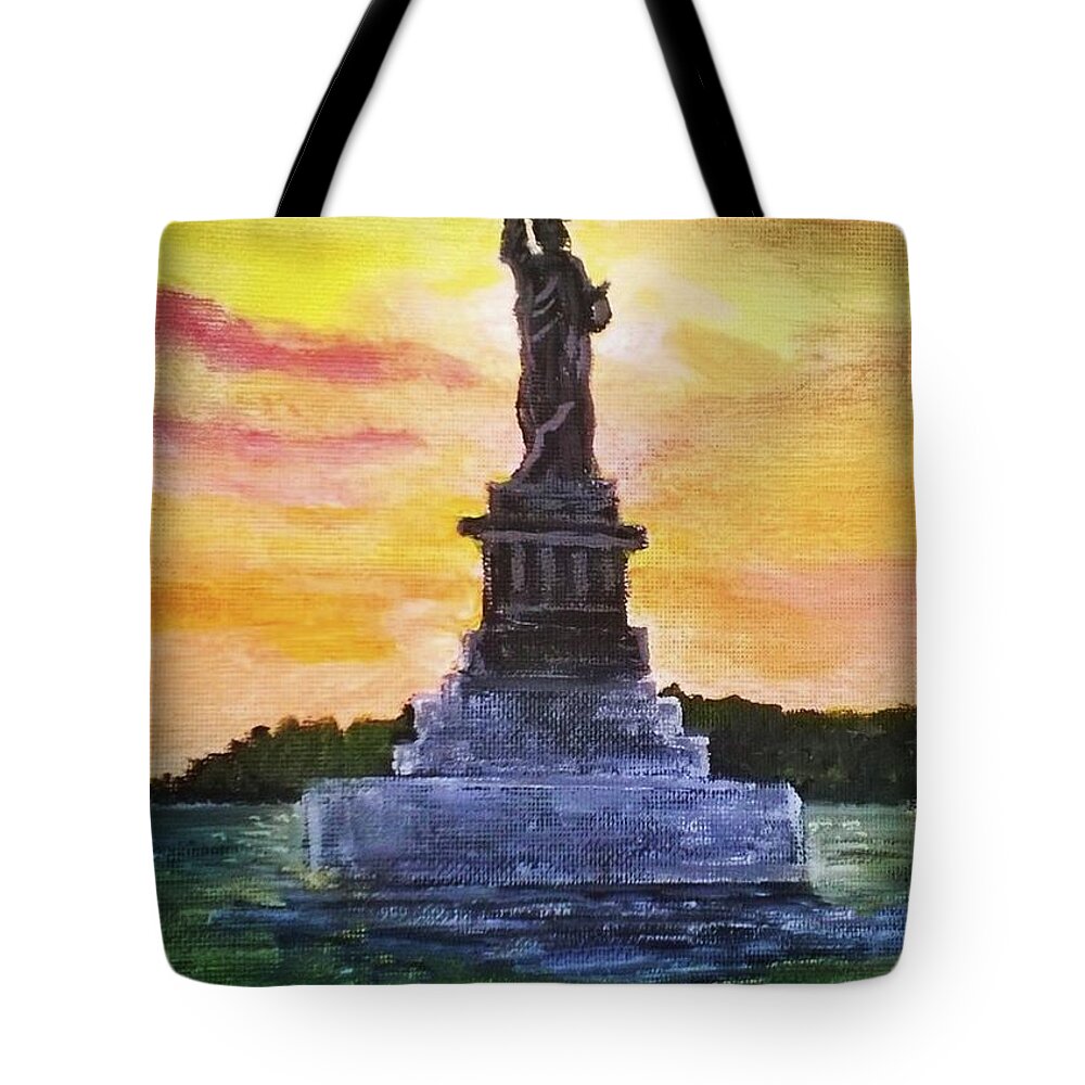 Sunset Tote Bag featuring the painting Statue of Liberty by Anne Sands