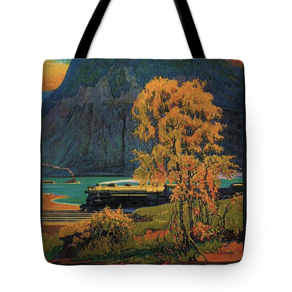 Steam Engine Locomotive Tote Bag featuring the painting Steam Engine Locomotive through the Hudson Highlands - Storm King - Vintage Advertising Poster by Studio Grafiikka