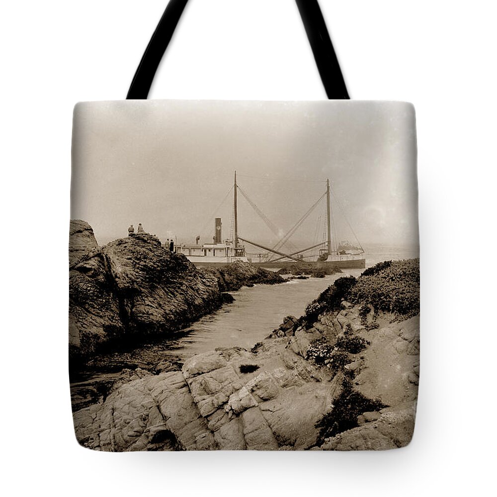 Steam Schooner Tote Bag featuring the photograph Steam schooner S S J. B. Stetson, ran aground at Cypress Point, Sep. 1934 by Monterey County Historical Society
