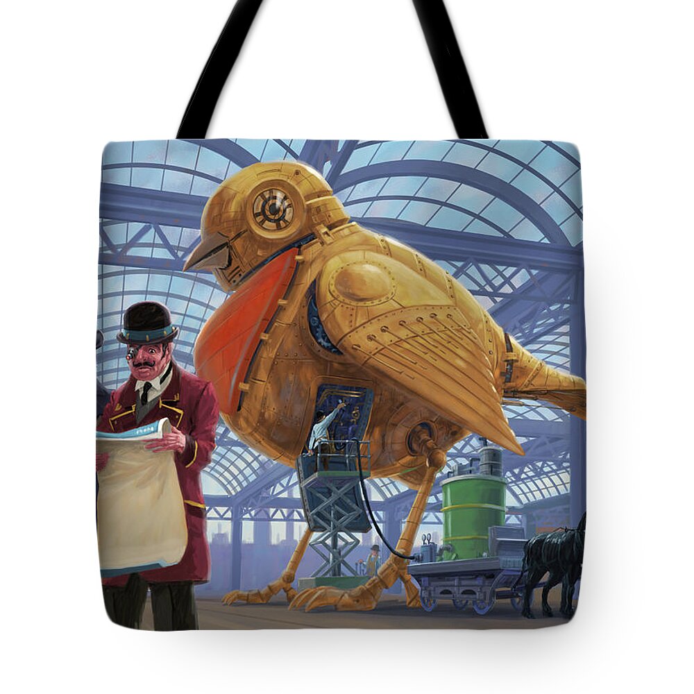 Robin Tote Bag featuring the digital art SteamPunk Mechanical Robin Factory by Martin Davey