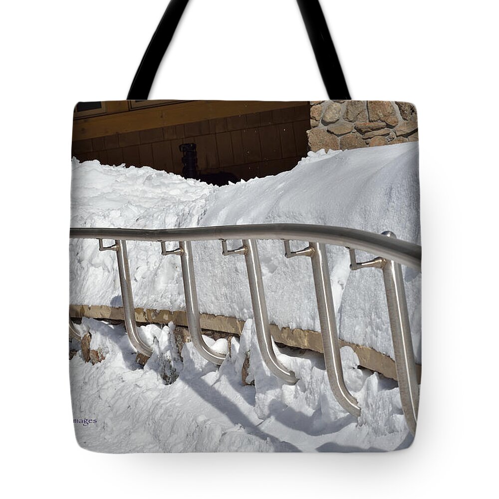 Snow Tote Bag featuring the photograph Steel Hand Rail in Snow by Kae Cheatham