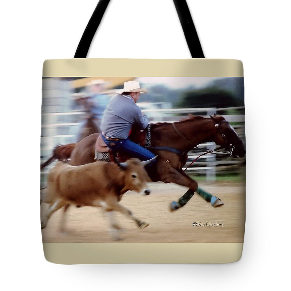 Steer Wrestling Tote Bag featuring the photograph Steer Wrestling Dilemma by Kae Cheatham