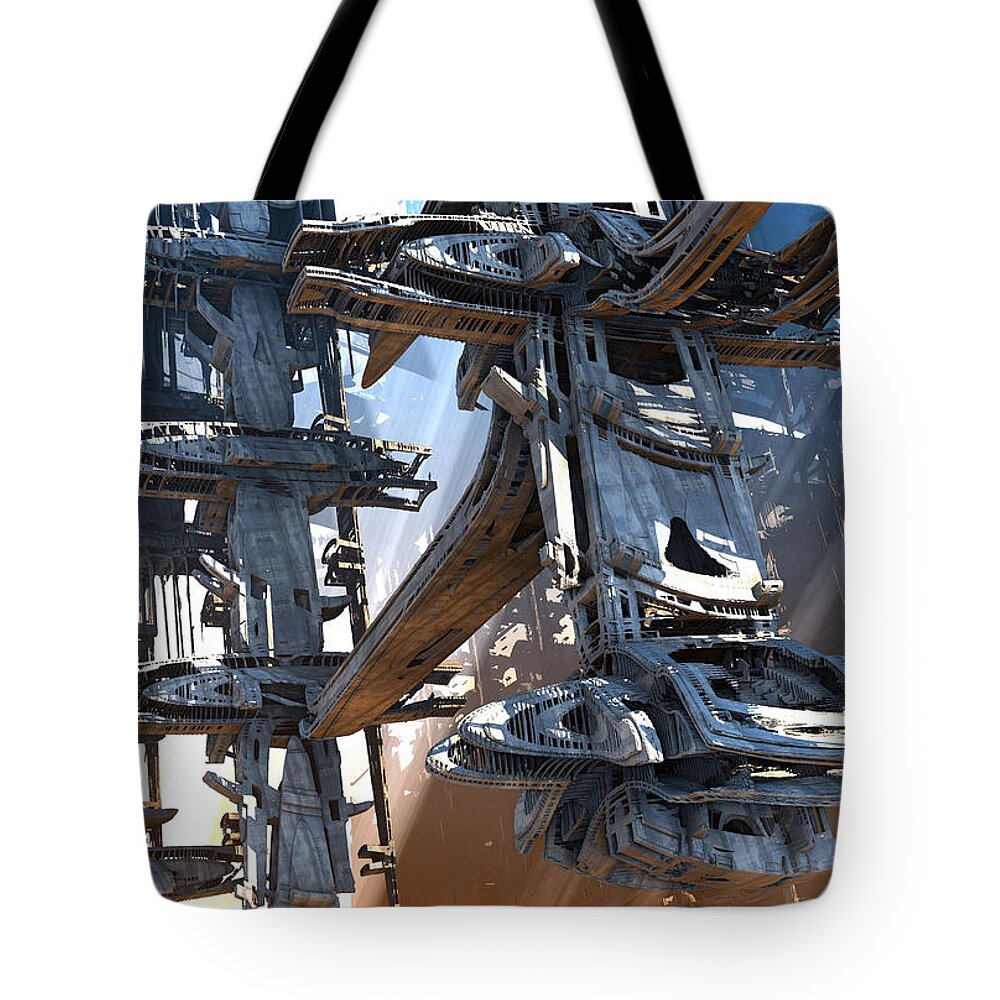 Sciencefiction Scifi Grunge Dystopian Architecture Building Fractal Steampunk Fractalart Mandelbulb3d Mandelbulb Tote Bag featuring the digital art Stellar Express Ship Company by Hal Tenny