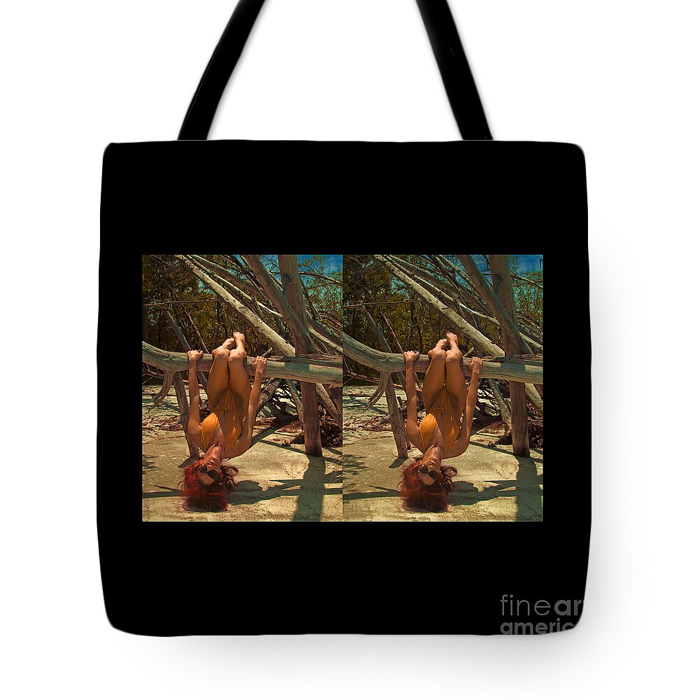 Audrey Michelle Tote Bag featuring the photograph Stereoscopic Driftwood Beach Bikini Girl Audrey Michelle 020 by Rolf Bertram