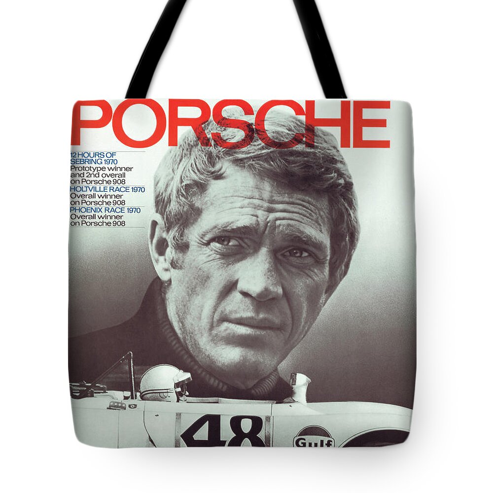 Steve Mcqueen Drives Porsche Tote Bag featuring the digital art Steve McQueen Drives Porsche by Georgia Fowler