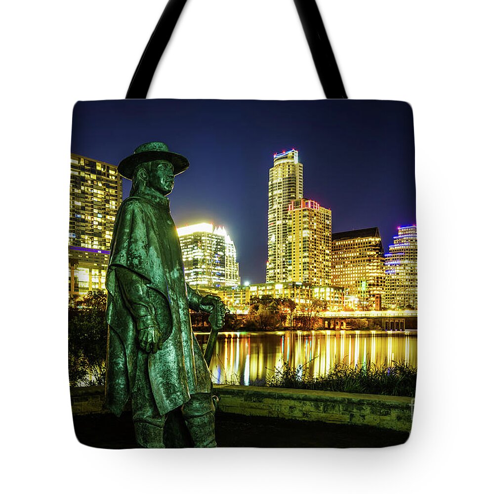 1st Tote Bag featuring the photograph Stevie Ray Vaughan Statue with Austin TX Skyline by Paul Velgos