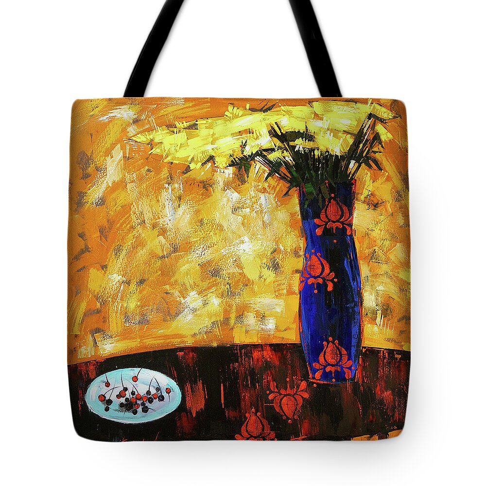 Still-life Tote Bag featuring the painting Still life. Cherries for the queen by Anastasija Kraineva